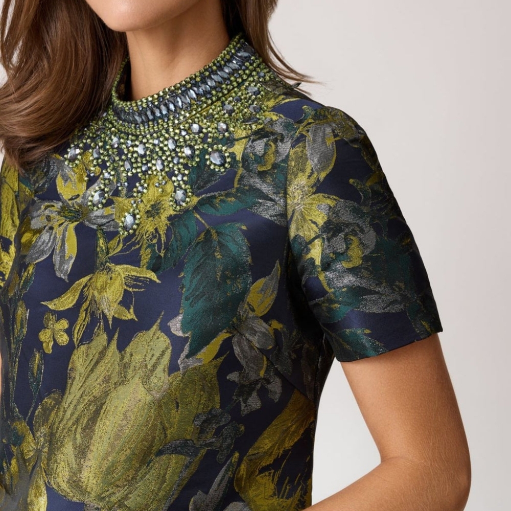 Teri Jon Blue Sheath Midi Dress with Crew Neck